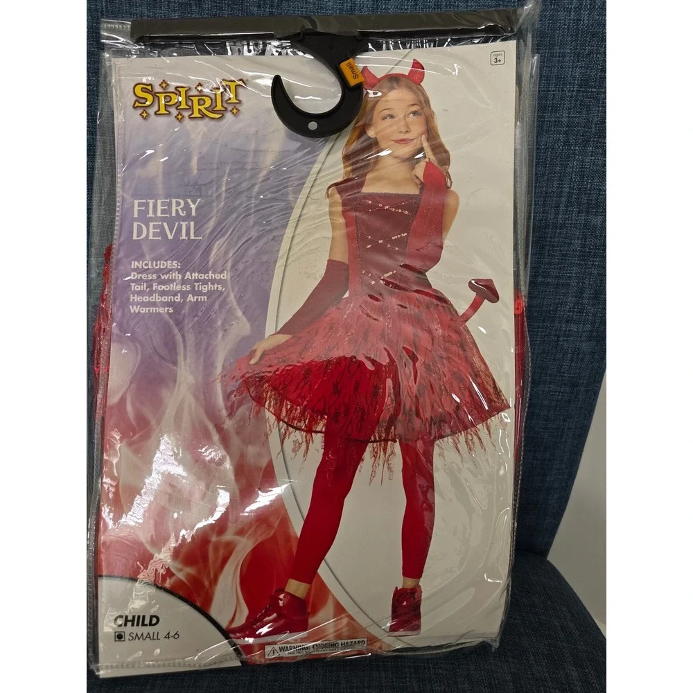 Spirit Halloween Fiery Devil Costume Kids Small 4-6 Red Dress Tights Headband